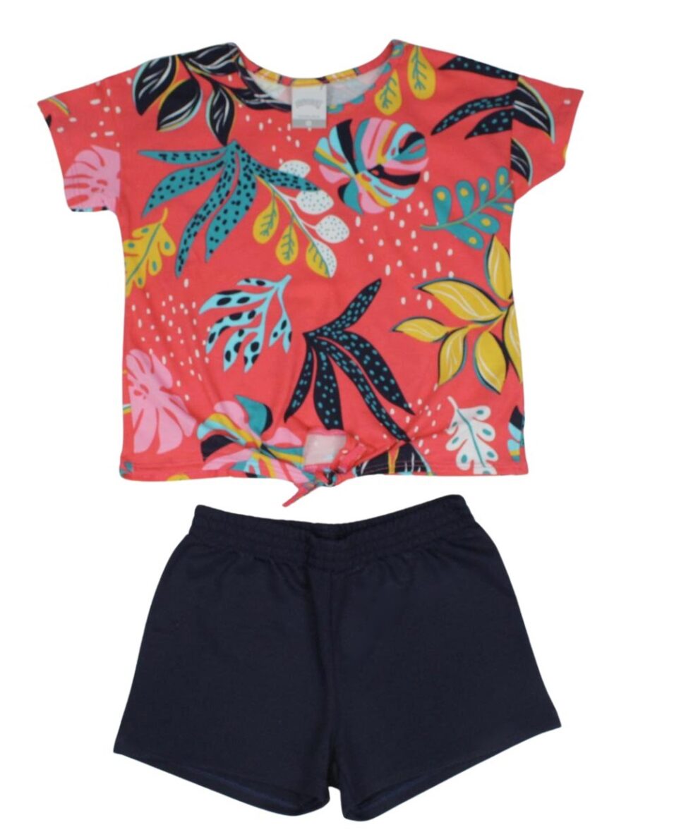 Conjunto Feminino Blusa Estampada Folhas e Shorts Moletinho 16025 – Alakazoo