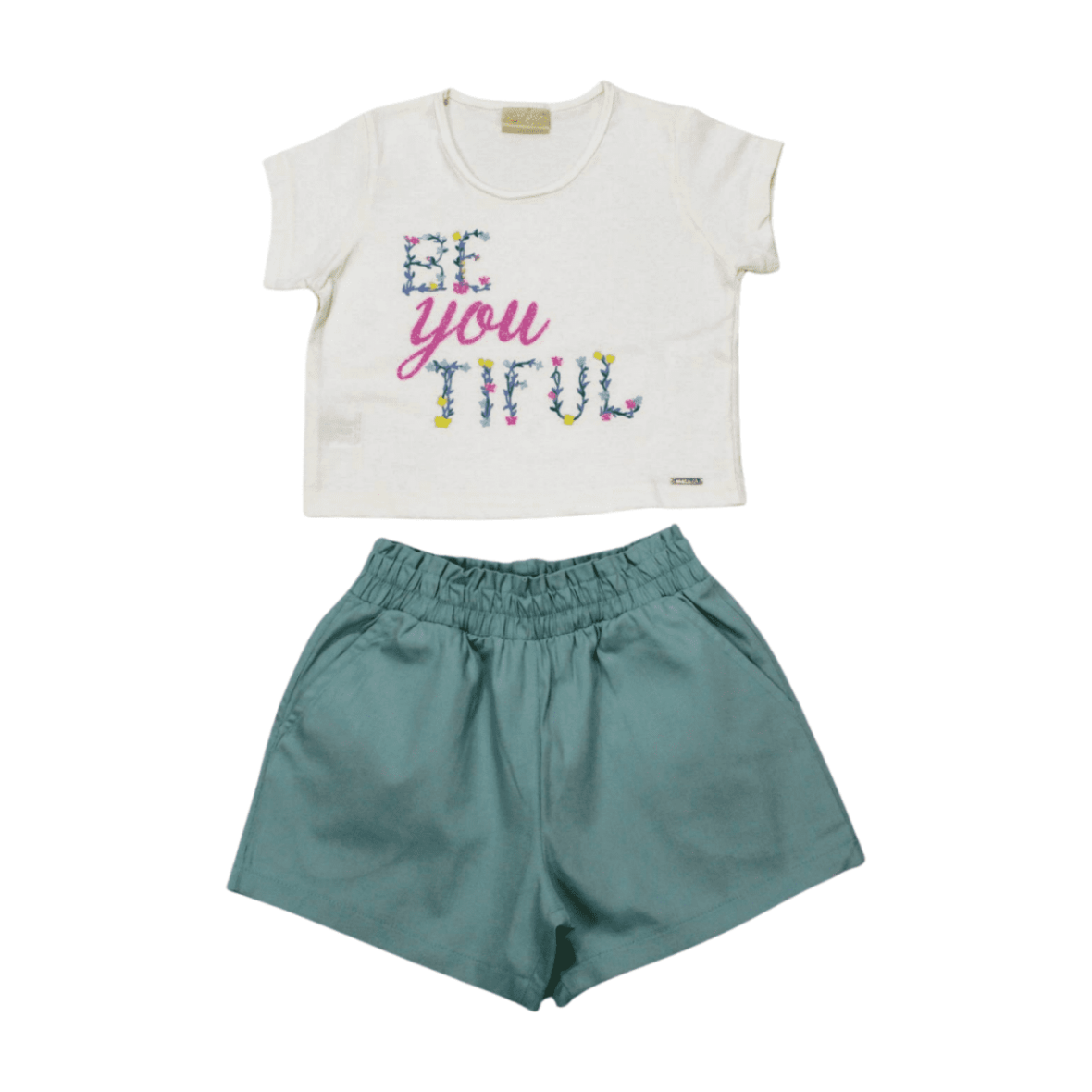 Conjunto Feminino Blusa Cropped Estampa Beautiful e Shorts Tecido 385728 – Vrasalon