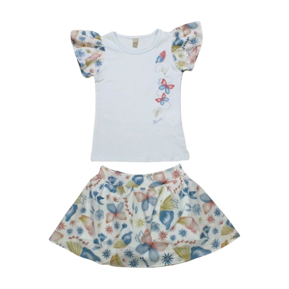 Conjunto Feminino Blusa e Saia Estampada Borboletas 21576 – Glinny