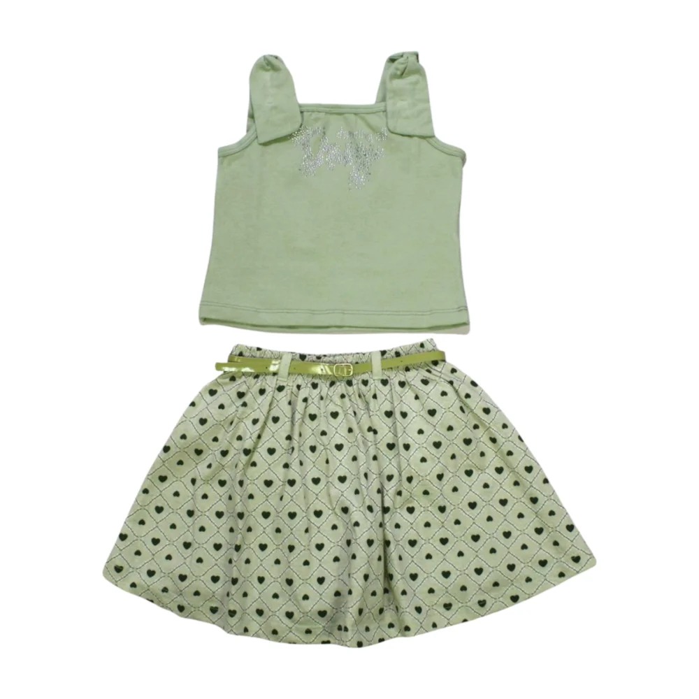 Conjunto Feminino Blusa e Saia Estampada Corações com Cinto 27865 – Angerô