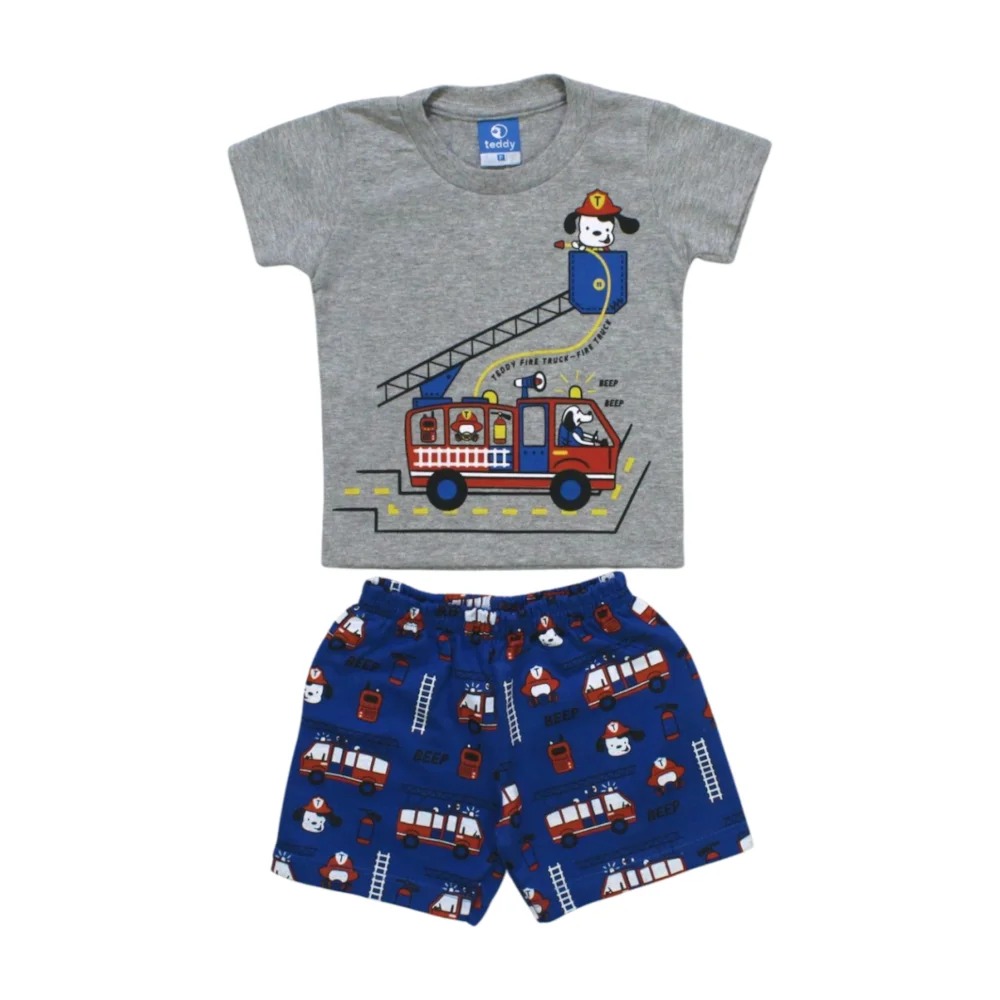 Conjunto Masculino Camiseta e Bermuda Estampada Caminhão de Bombeiro 17589 – Teddy
