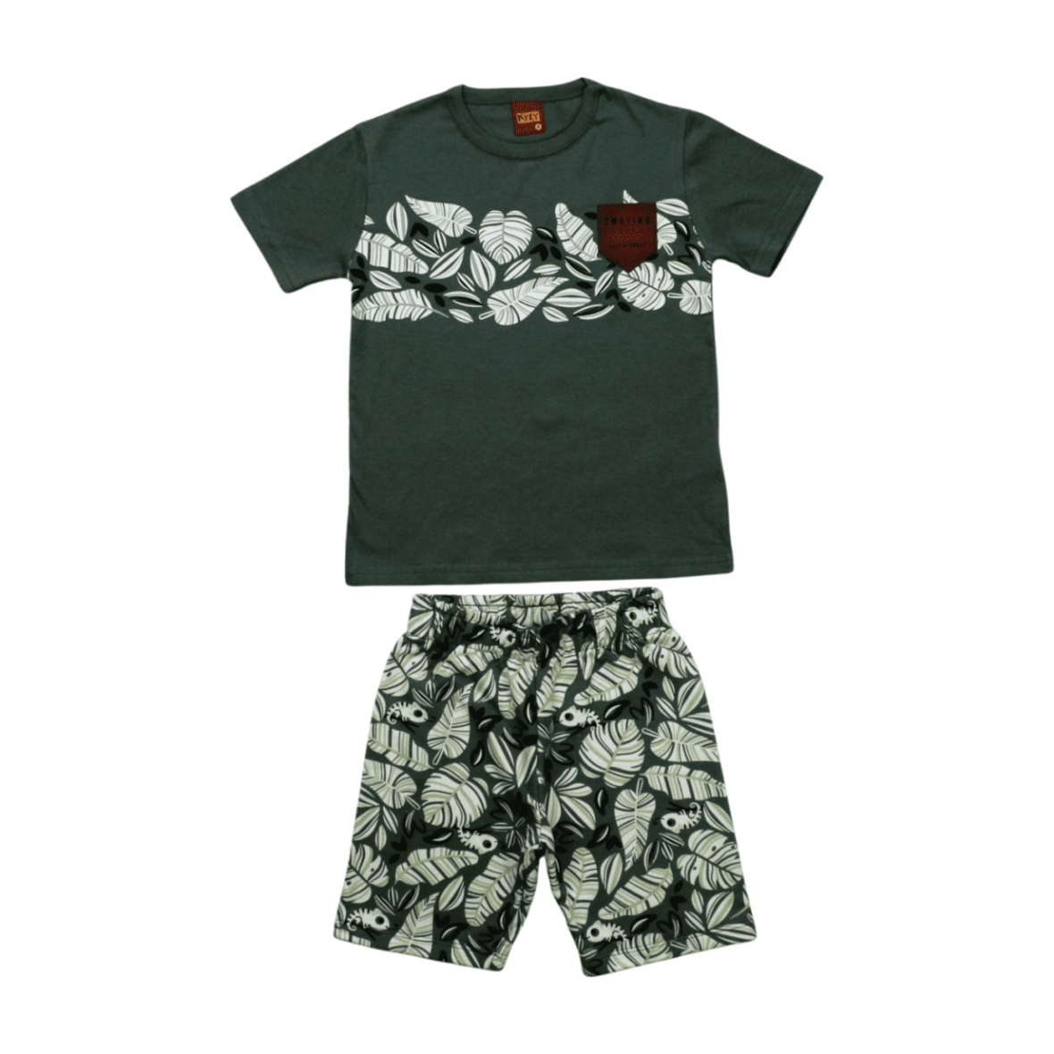 Conjunto Masculino Camiseta e Bermuda Moletinho Estampa Folhas 1000384 – Kyly