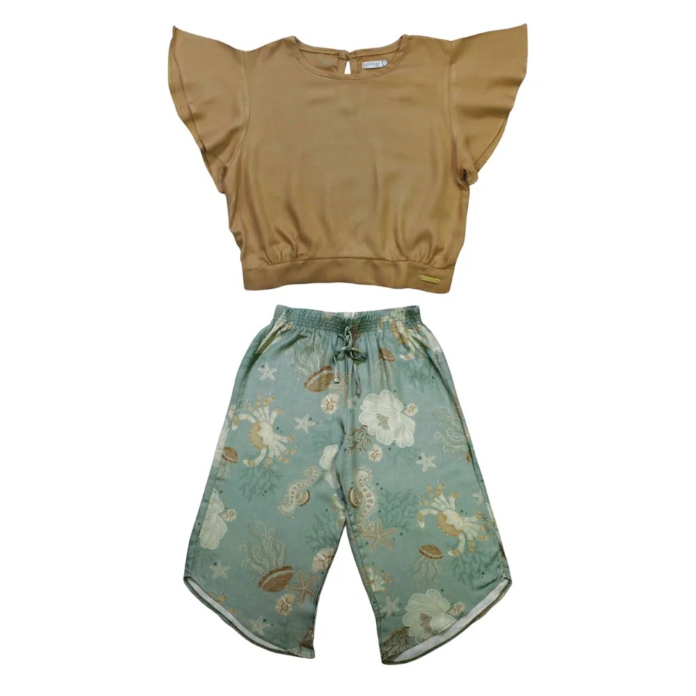 Conjunto Feminino Blusa e Calça Pantacour Estampada Fundo do Mar 46717 – Alakazoo