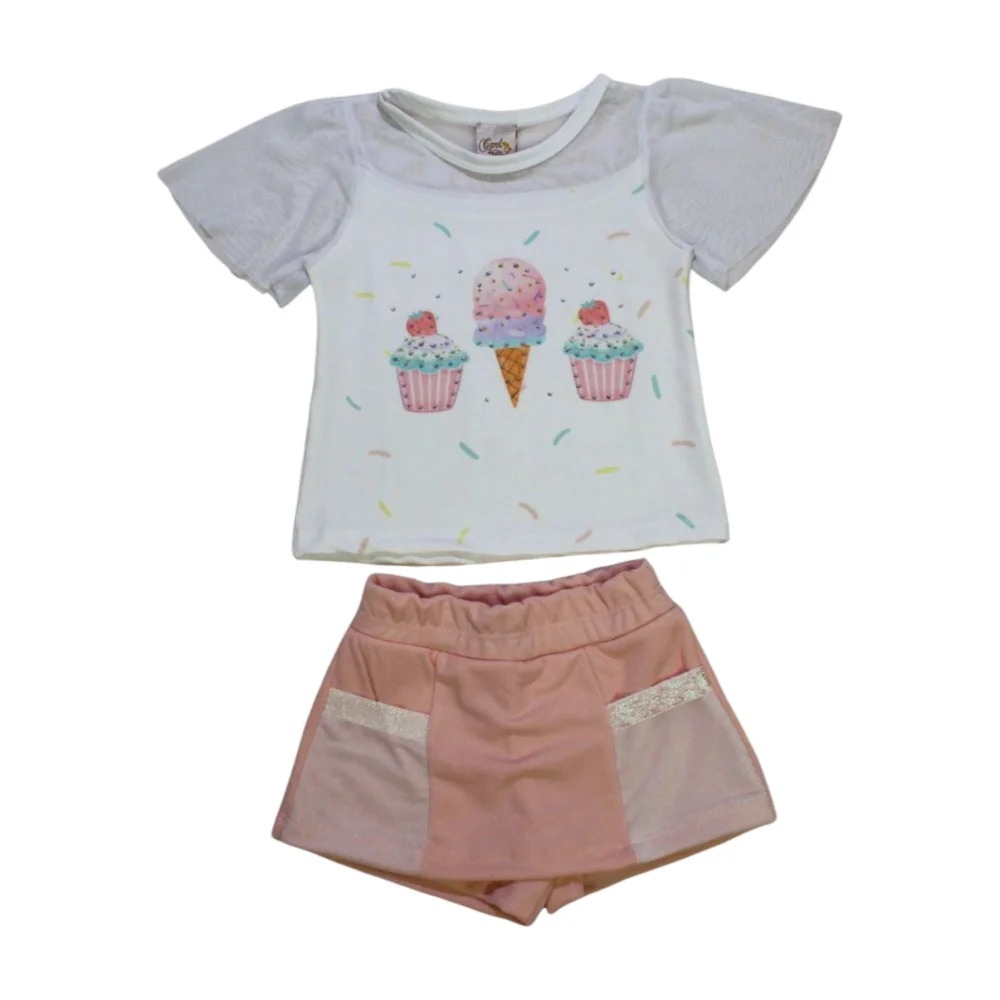 Conjunto Feminino Blusa Estampa Doces e Shorts Saia 1990 – Carol e Dani