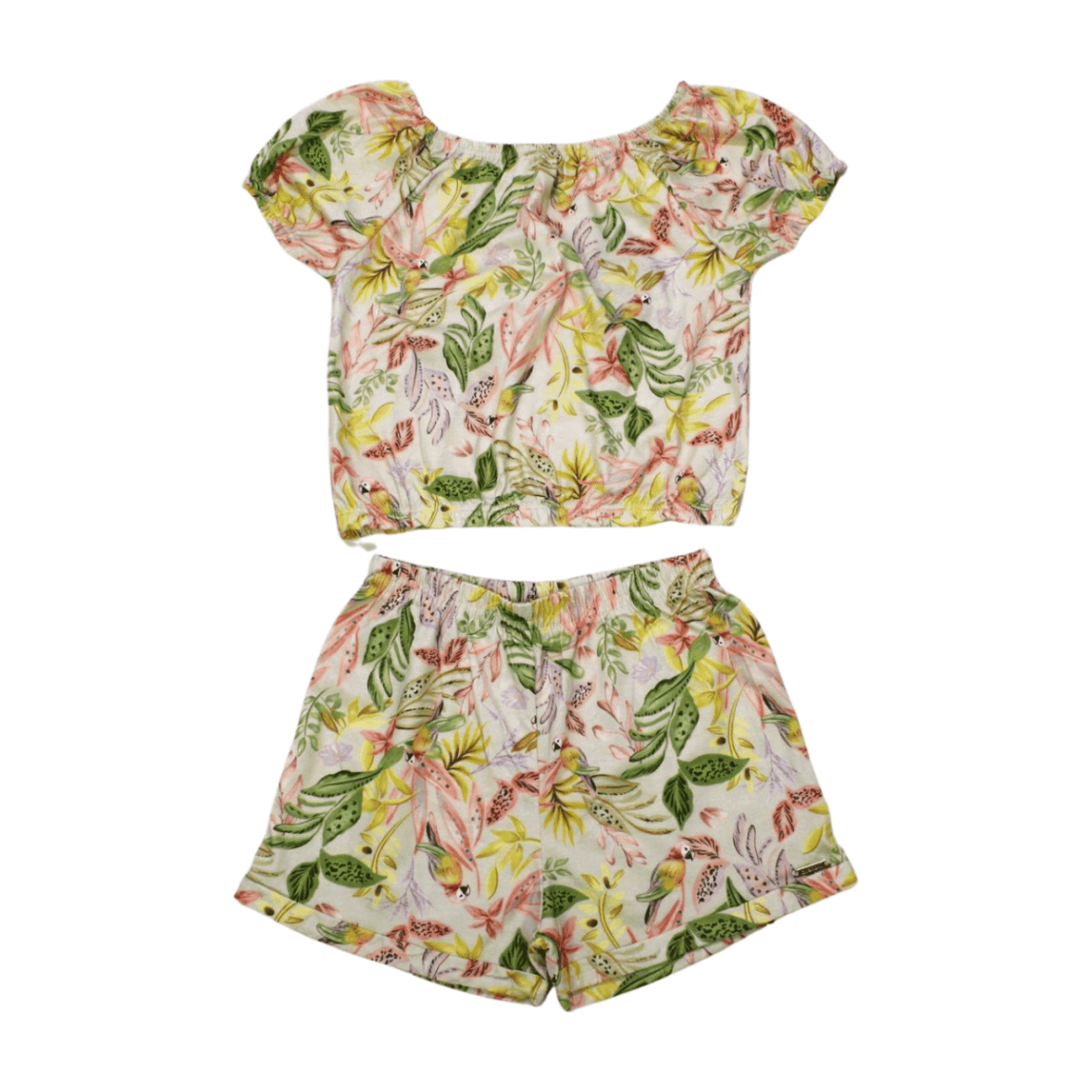 Conjunto Feminino Blusa Cropped e Shorts Estampado Folhas 26337 – Brandili