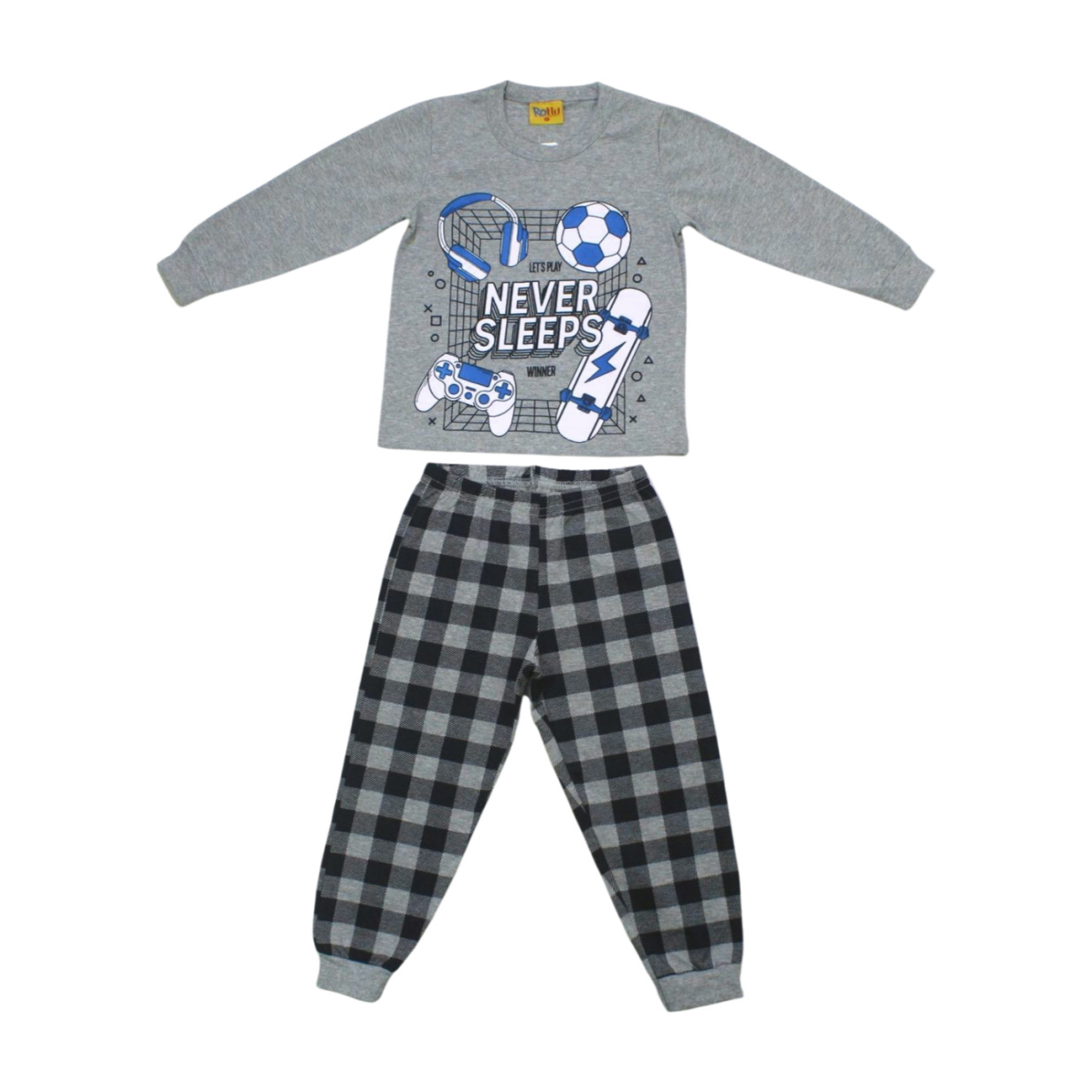 Pijama Malha Longo Masculino Estampa Never Sleeps Brilha no Escuro 20292 - Rollu