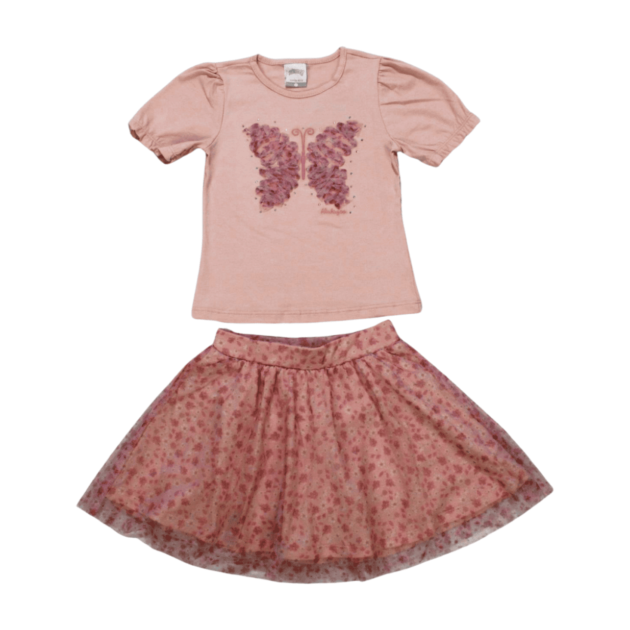 Conjunto Feminino Blusa e Saia Estampada Borboletas com Tule 46864 - Alakazoo