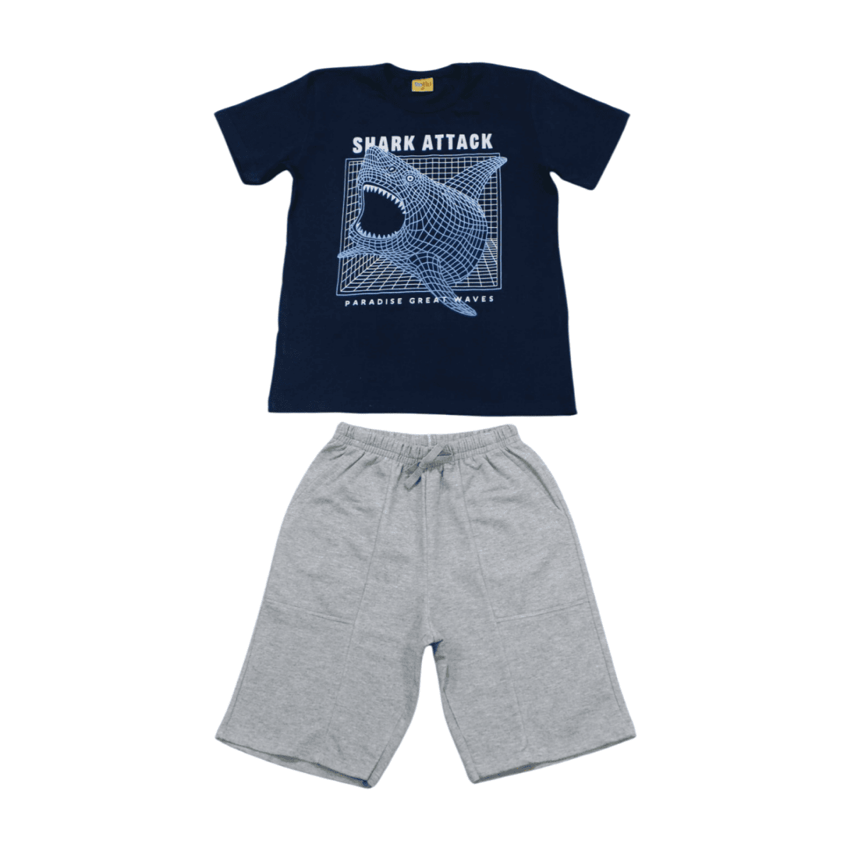 Conjunto Masculino Camiseta Estampa Tubarão e Bermuda Moletinho 22258 - Rollu